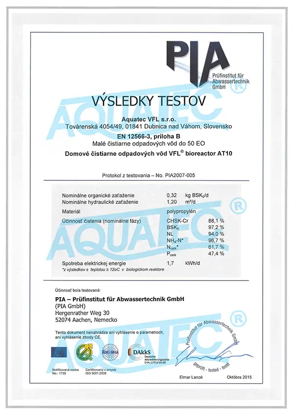 Test účinnosti čistiarne odpadových vôd AT Aquatec VFL